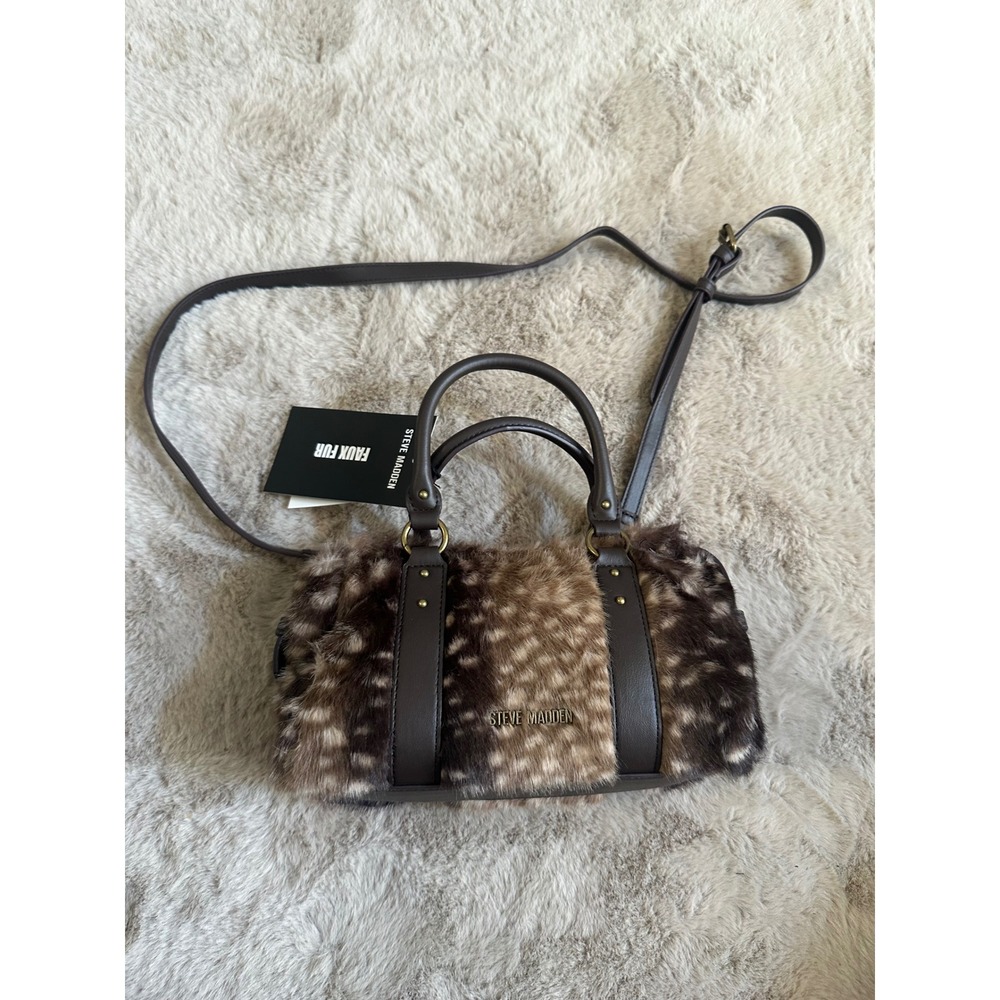 Steve Madden Faux Fur Animal Print Satchel Crossbody Bag Brown Tan New